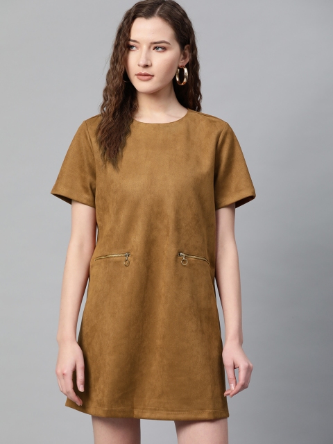 

SASSAFRAS Women Mustard Brown Solid Suede Finish Shift Dress