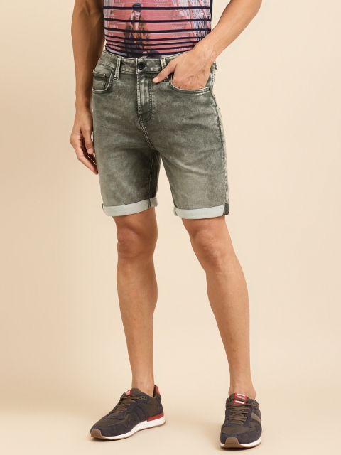 

United Colors of Benetton Men Olive Green Washed Slim Fit Denim Shorts
