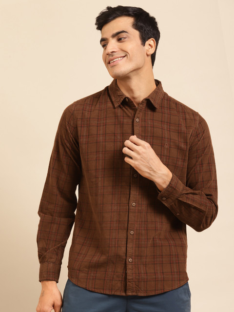 

United Colors of Benetton Men Rust Brown Pure Cotton Slim Fit Checked Casual Shirt