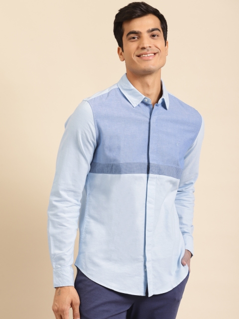 

United Colors of Benetton Men Blue Pure Cotton Slim Fit Colourblocked Casual Shirt