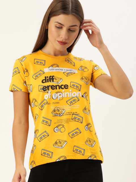 

Difference of Opinion Women Mustard Yellow Printed Round Neck T-shirt