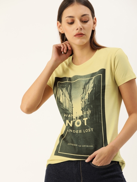 

Difference of Opinion Women Yellow Printed Round Neck T-shirt