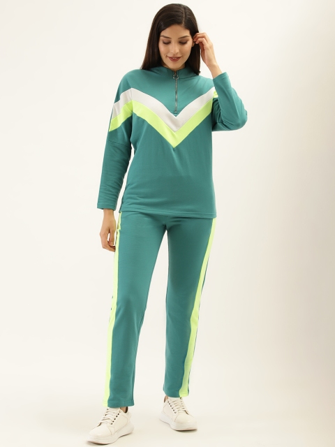 

Laabha Women Blue & Neon Green Striped Detail Tracksuit