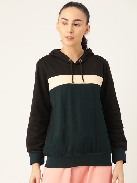 

Laabha Women Black & Navy Blue Striped Hooded Sweatshirt