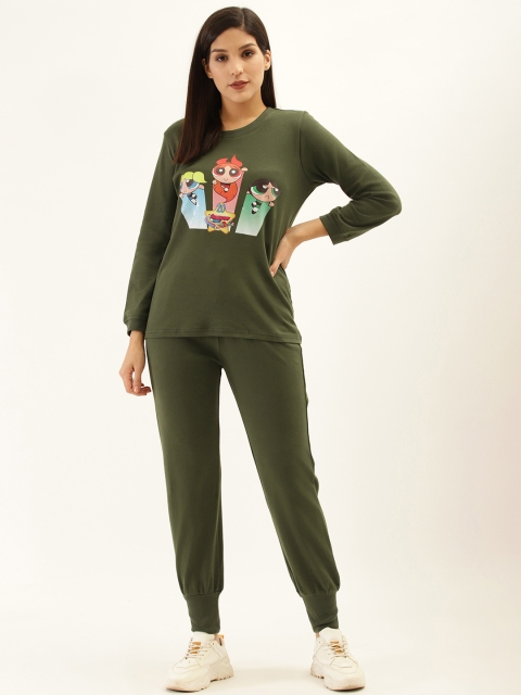 

Laabha Women Olive Green Powerpuff Girls Printed T-shirt with Joggers
