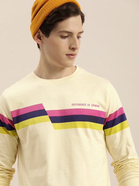 

Difference of Opinion Men Cream-Coloured Pink Striped Pure Cotton T-shirt