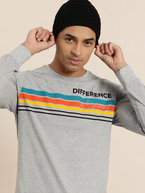 

Difference of Opinion Men Grey Melange Blue Striped Round Neck Pure Cotton T-shirt