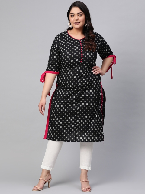 

YASH GALLERY Plus Size Women Black & White Printed Straight Kurta