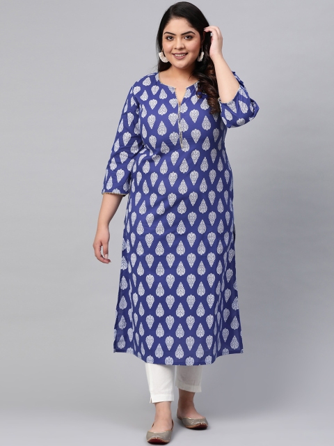 

YASH GALLERY Plus Size Women Blue & White Printed Straight Kurta