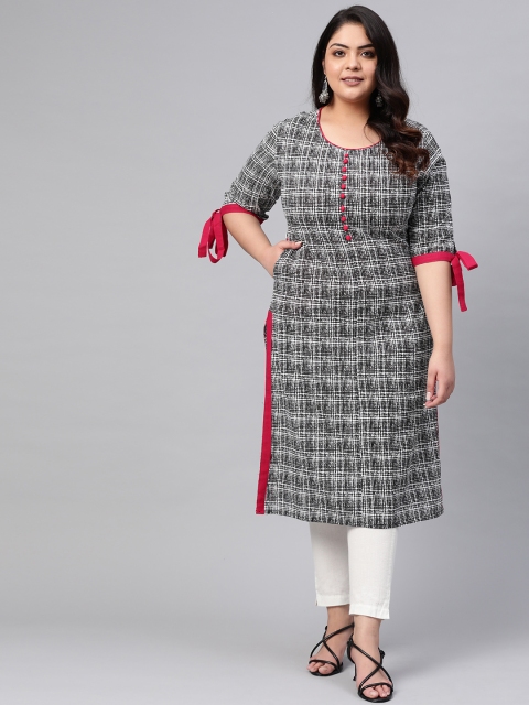 

YASH GALLERY Plus Size Women White & Black Checked Straight Kurta
