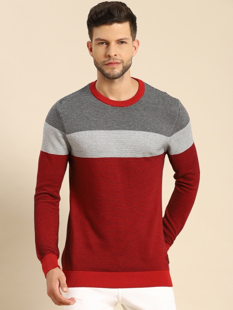 

United Colors of Benetton Men Red & Grey Colourblocked Pure Cotton Pullover
