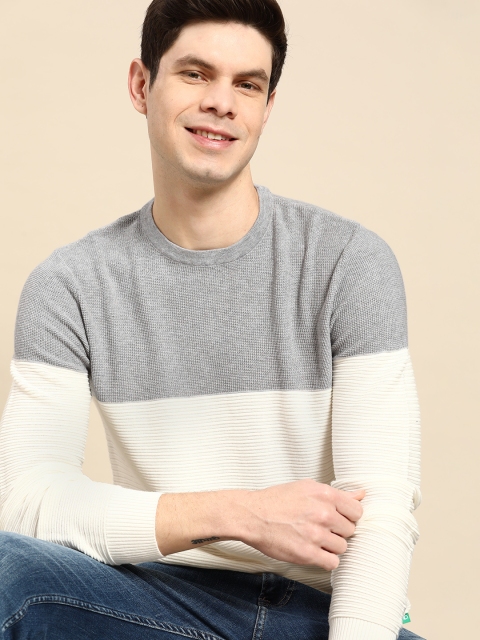 United Colors of Benetton Men Grey Melange & Off White Cotton Colourblocked Pullover