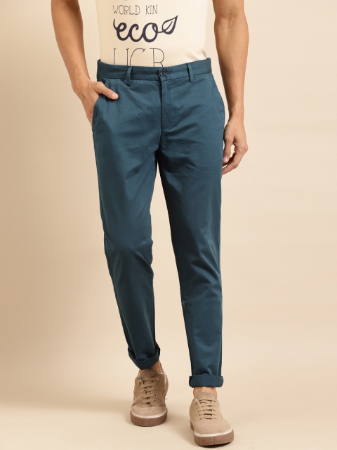 United Colors of Benetton Men Teal Blue Slim Fit Solid Regular Trousers