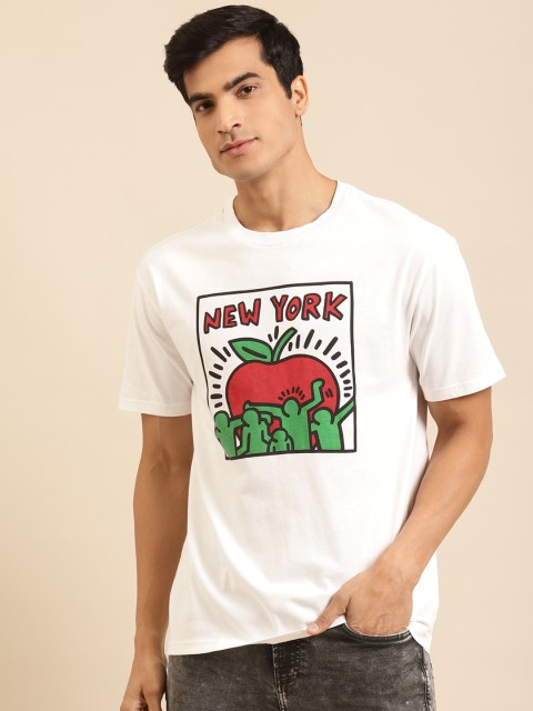 

United Colors of Benetton Men White Red Printed Round Neck Pure Cotton T-shirt