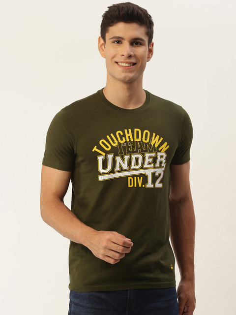 

United Colors of Benetton Men Olive & White Cotton Typography Printed T-shirt