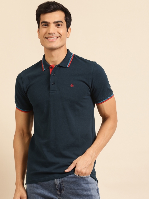 

United Colors of Benetton Men Navy Blue Solid Pure Cotton Polo Collar T-shirt