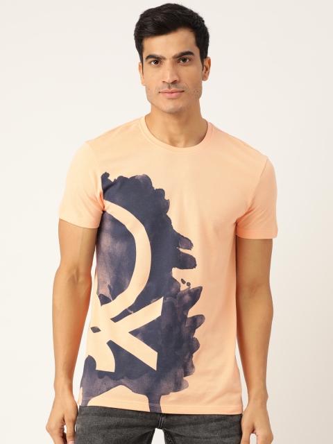 

United Colors of Benetton Men Peach-Coloured & Charcoal Grey Brand Logo Printed T-shirt