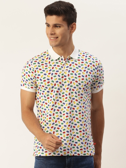 

United Colors of Benetton Men White Blue Printed Polo Collar Pure Cotton T-shirt