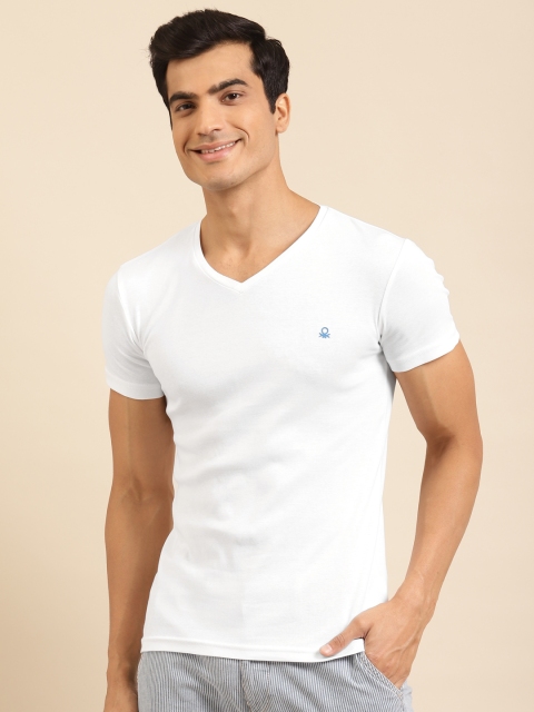 

United Colors of Benetton Men White Solid Pure Cotton V-Neck Pure Cotton T-shirt