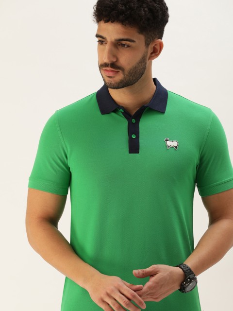 

United Colors of Benetton Men Green Self Design Polo Collar Applique Pure Cotton T-shirt