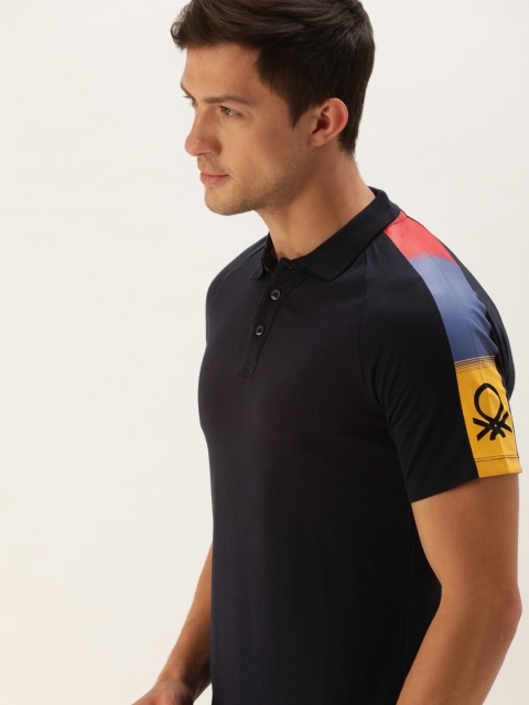 

United Colors of Benetton Men Navy Blue Shoulder Print Polo Collar T-shirt