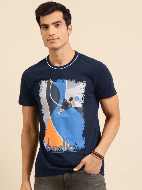 

United Colors of Benetton Men Navy Blue Grey Printed Round Neck Pure Cotton T-shirt