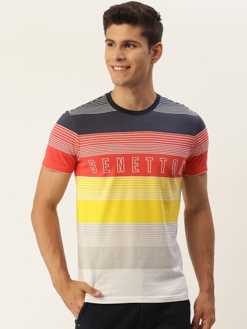 

United Colors of Benetton Men Red White Striped Pure Cotton T-shirt