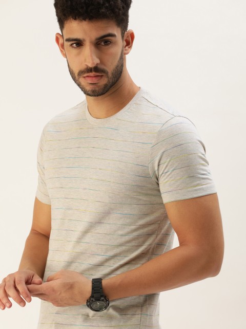 

United Colors of Benetton Men Grey Melange & Blue Striped T-shirt