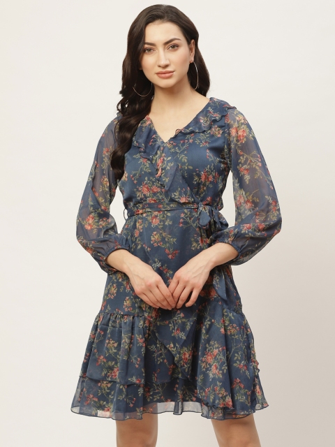 

Antheaa Women Blue & Pink Floral Printed Wrap Dress