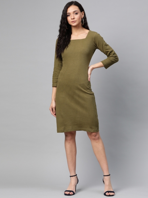 

plusS Women Olive Green Ribbed Sheath Dress