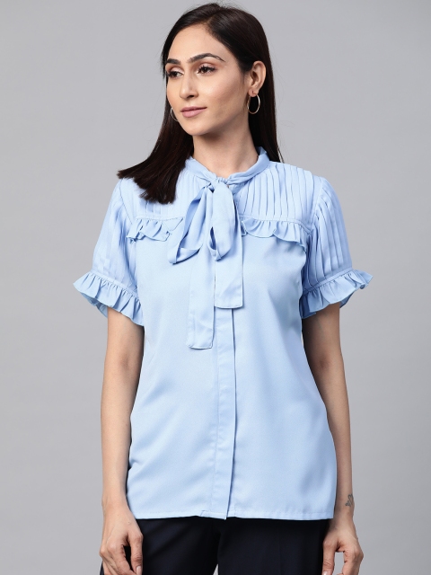 

plusS Women Blue Solid Accordion Pleated Top