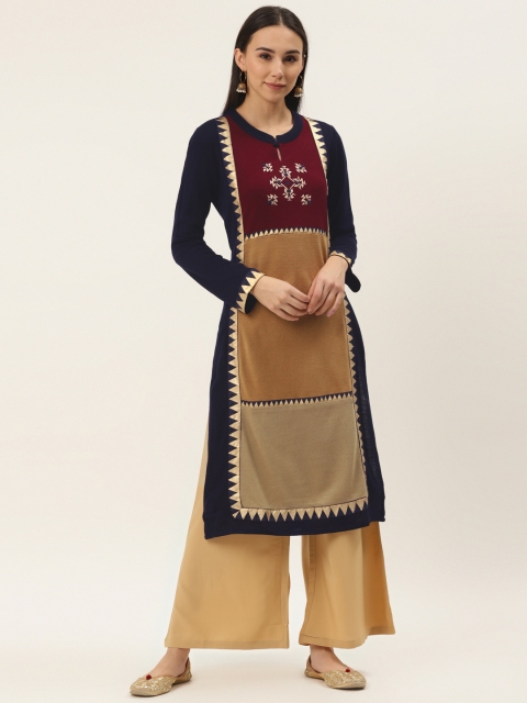 

Laabha Women Navy Blue & Beige Printed Knitted Straight Woollen Kurta