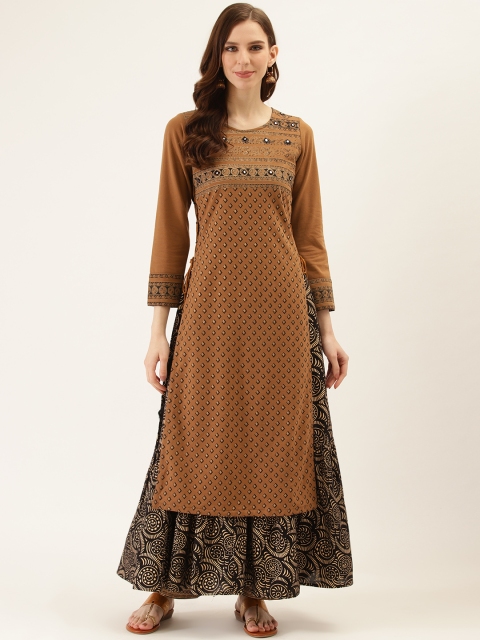 

Laabha Women Brown & Black Printed Layered Winter Maxi Dress