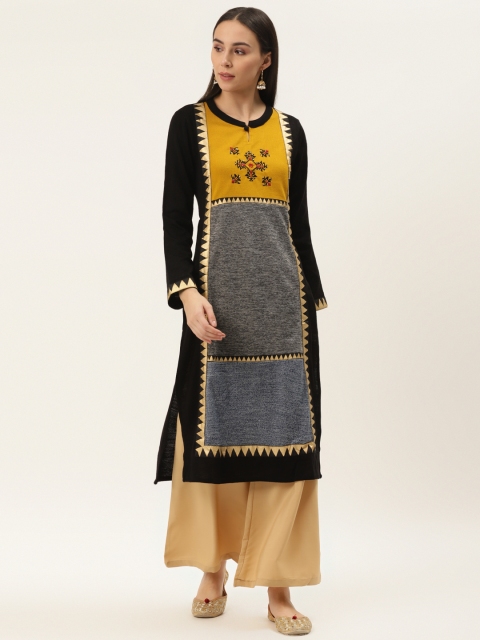 

Laabha Women Black & Mustard Yellow Woven Design Knitted Straight Woollen Kurta