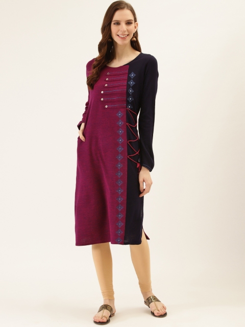 

Laabha Women Magenta & Navy Blue Colourblocked Woollen Straight Kurta