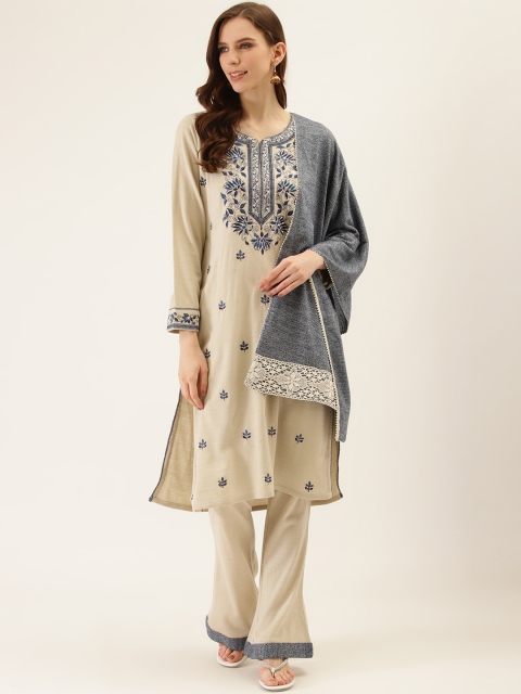 

Laabha Women Beige & Navy Blue Embroidered Winter Kurta with Palazzos & Dupatta
