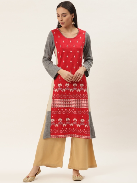 

Laabha Women Red & Grey Melange Printed Knitted Straight Woollen Kurta