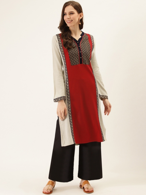 

Laabha Women Red & Cream-Coloured Yoke Design Woollen Straight Kurta