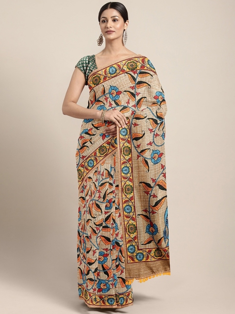 

aamna Beige Silk Cotton Ethnic Printed Chanderi Saree