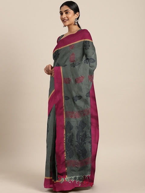 

aamna Charcoal Grey & Pink Pure Cotton Woven Design Chettinad Handloom Saree