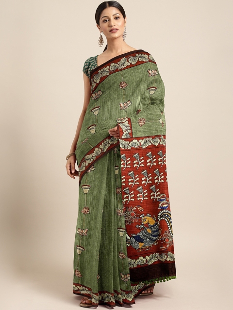 

aamna Green Silk Cotton Kalamkari Print Chanderi Saree