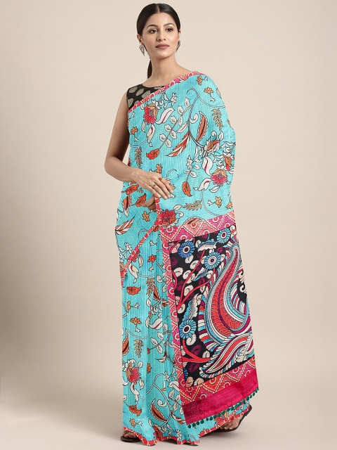 

aamna Blue Silk Cotton Ethnic Printed Chanderi Saree
