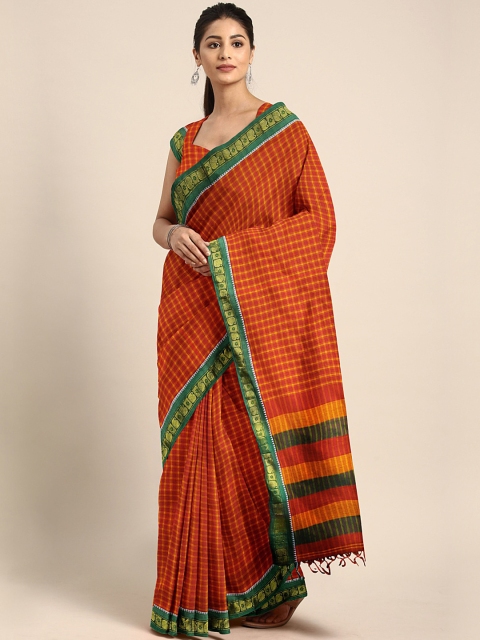 

aamna Orange & Yellow Pure Cotton Checked Narayan Peth Saree