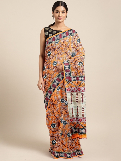 

aamna Beige & Orange Silk Cotton Ethnic Printed Chanderi Saree