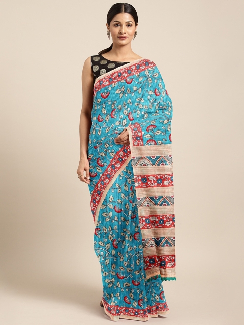 

aamna Blue Silk Cotton Ethnic Printed Chanderi Saree