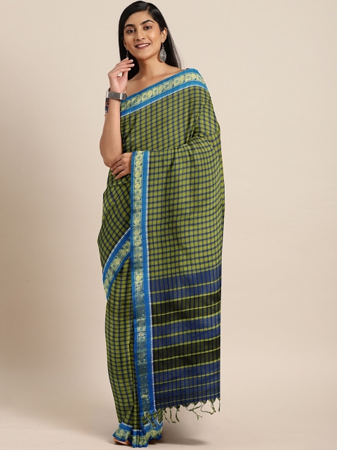 

aamna Green & Blue Pure Cotton Checked Narayan Peth Saree
