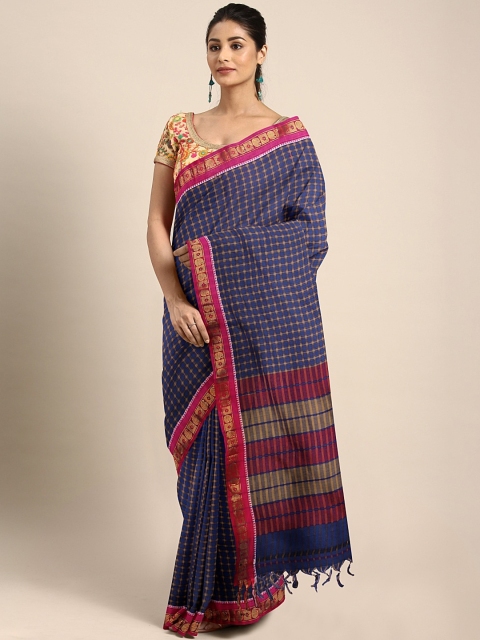 

aamna Navy Blue & Beige Pure Cotton Checked Narayan Peth Saree