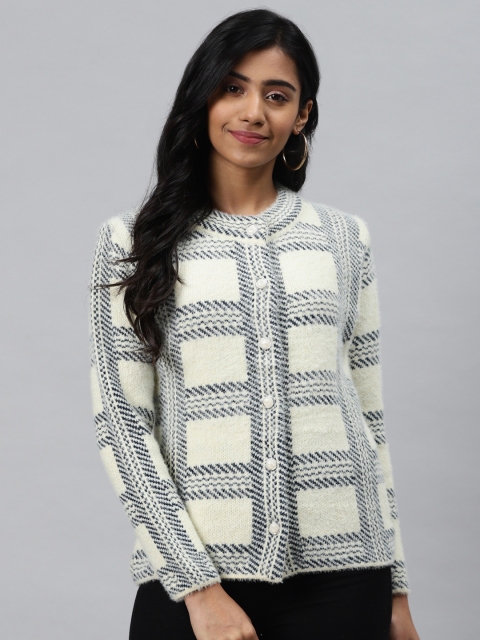 

Cayman Women Off-White & Navy Blue Checked Cardigan