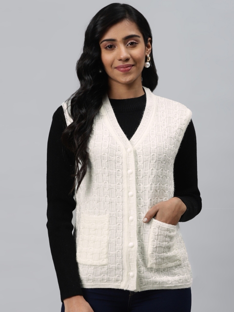 

Cayman Women White Self Design Woollen Cardigan