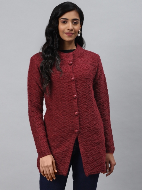 

Cayman Women Burgundy Self Design Longline Cardigan